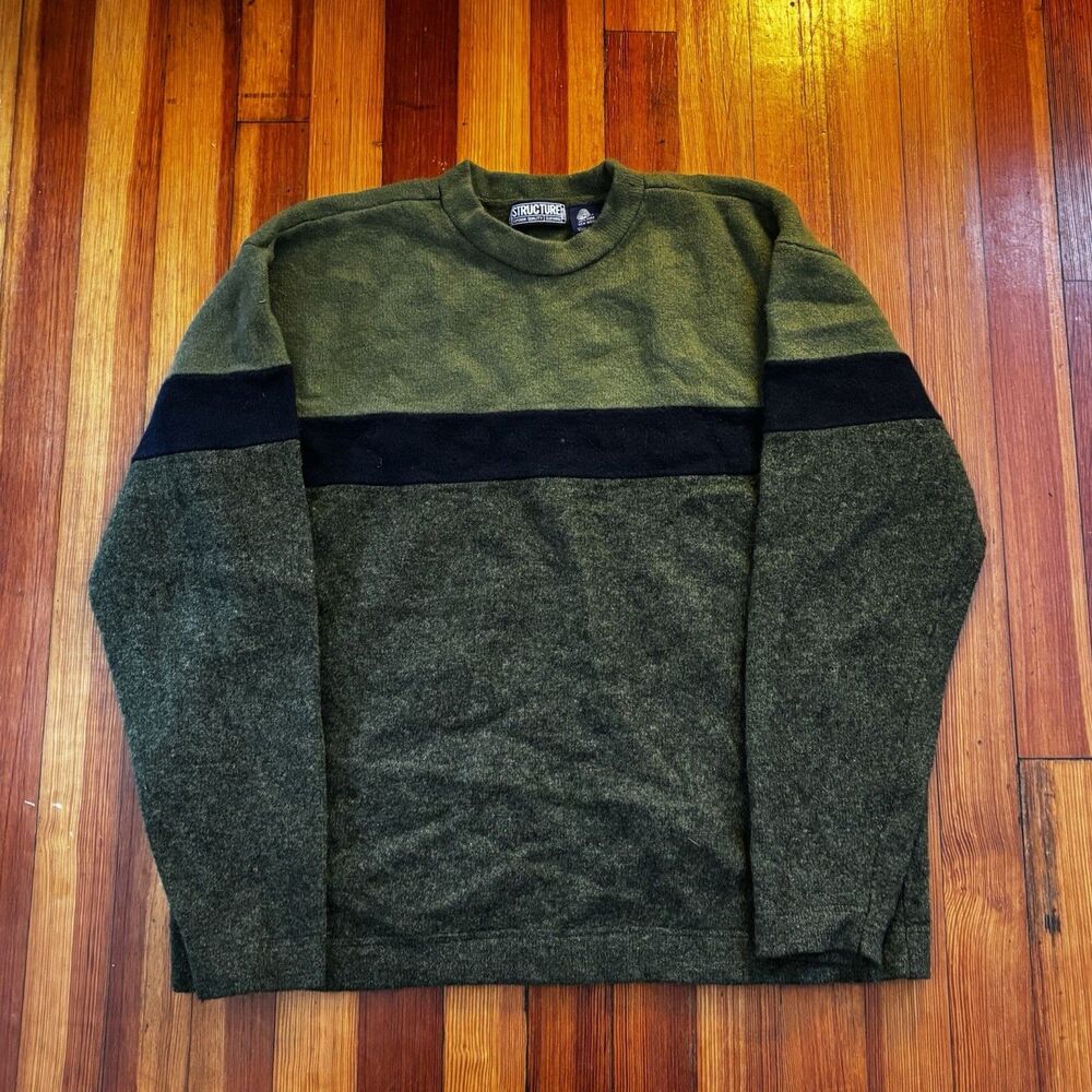 Vintage 90s Structure Shetland Wool Sweater Colorblock Green Navy Men's XL Boxy